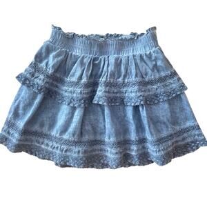 Katie J NYC Girls Blue Denim wash and Lace Ruffled Tiered Mini Skirt size Large